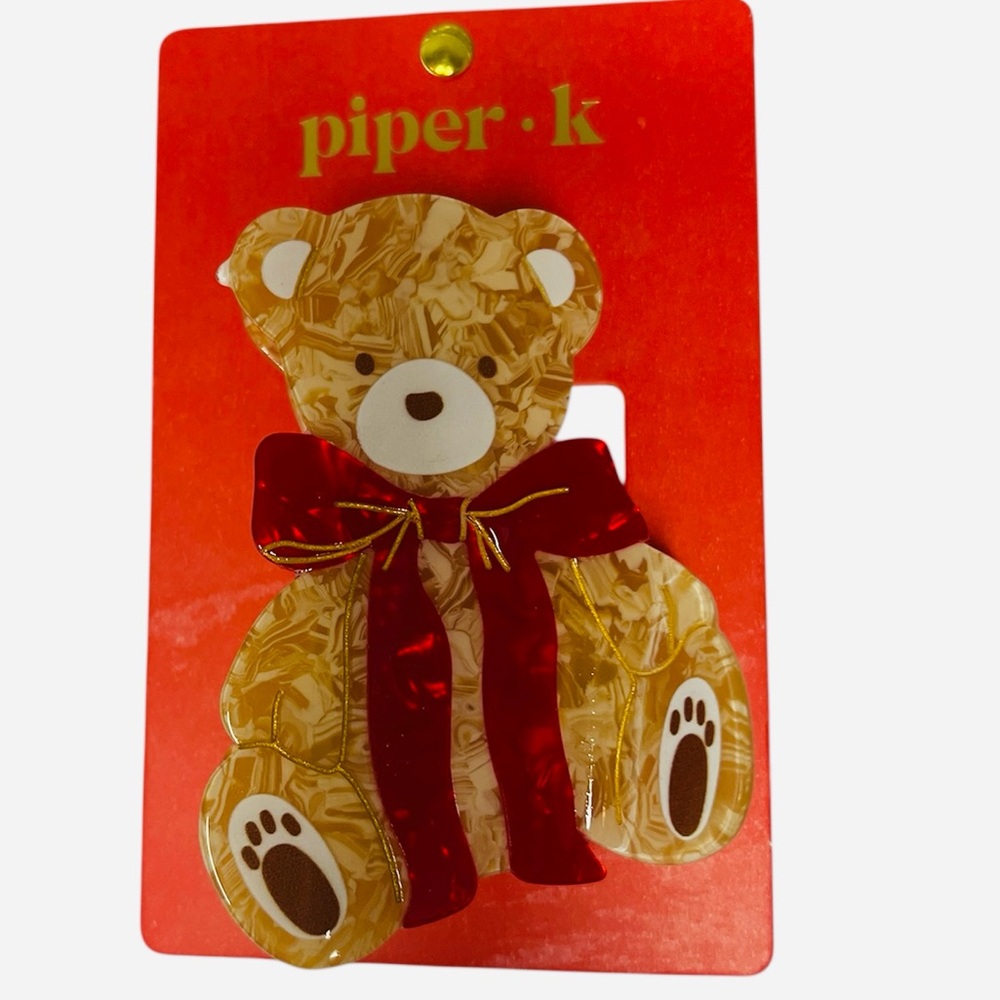 Piper K Festive Brown Teddy with Red Bow Hair Claw NEW